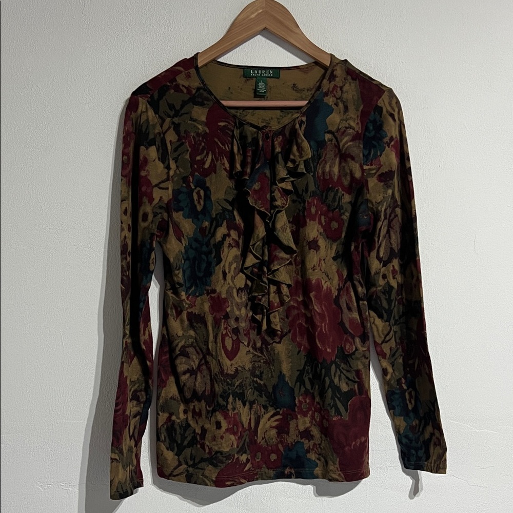 Ralph Lauren Long Sleeve Floral Ruffle Front Top in Olive, Burgundy & Teal